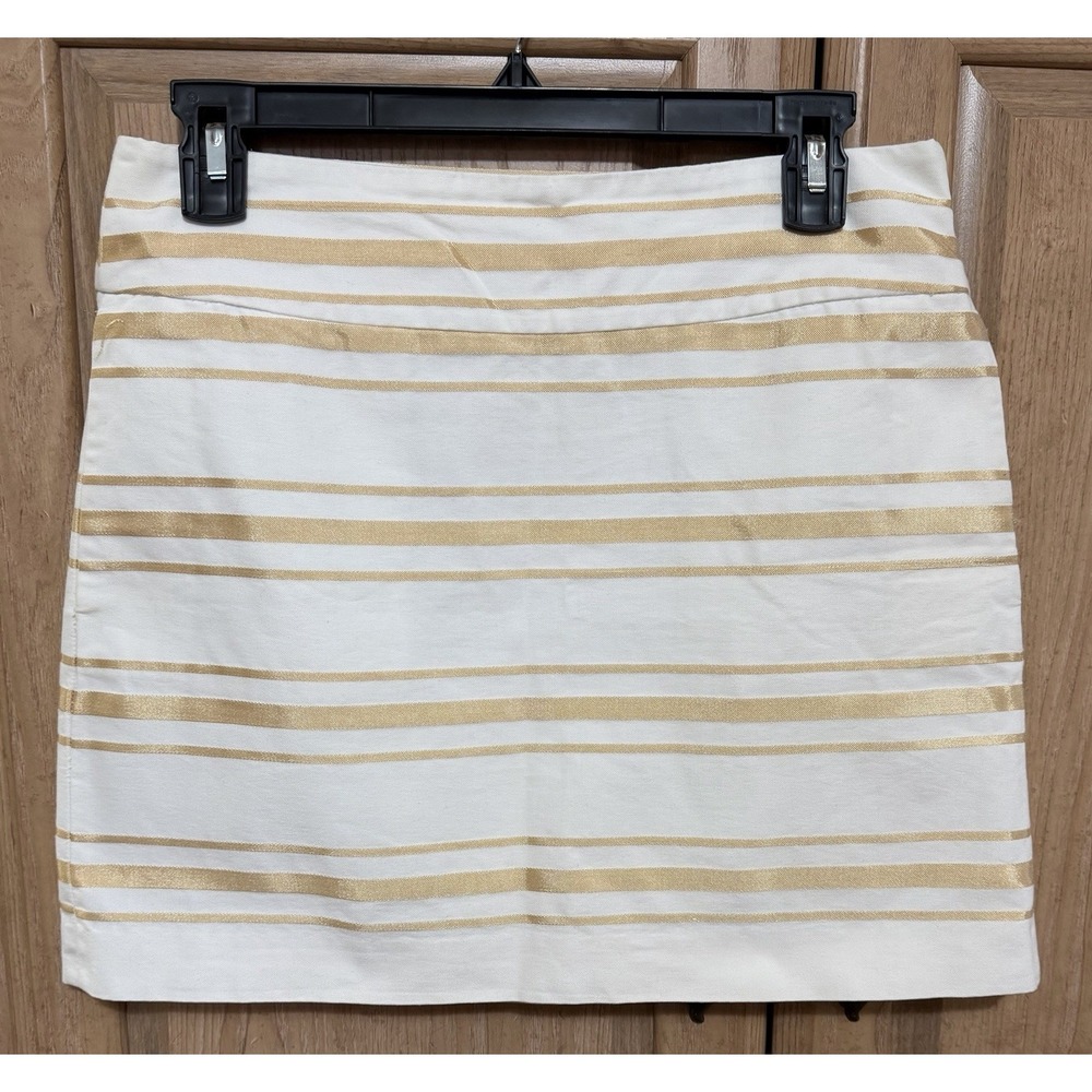 J. Crew White &‎ gold shimmer striped mini skirt Women's Size 2 Side Zip Office